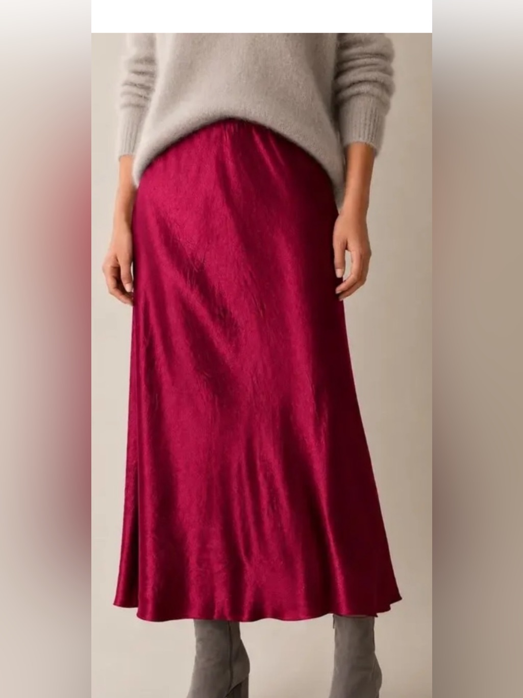 Eileen Fisher Red Sophisticated Textured Satin Crinkled Pull On Midi Skirt Xl